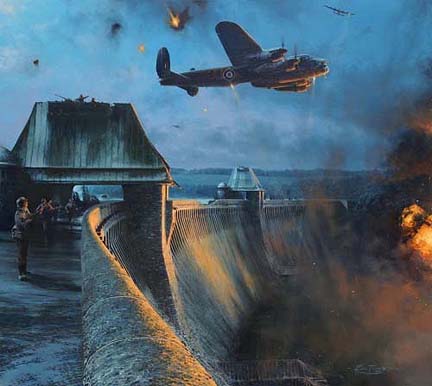 Guy Gibson and Mick Martin draw the enemy’s fire as ‘Dinghy’ Young clears the dam’s parapet seconds after releasing his bomb. A few moments later Young’s bomb will successfully detonate against the dam leaving it mortally wounded allowing David Maltby in AJ-J to finish the task. With the Möhne Dam breached Gibson, with the remaining crews, will turn south to repeat the operation at the Eder Dam.